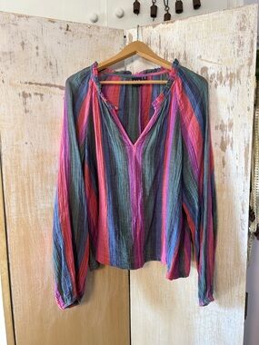 GAP Striped V-Neck Long Sleeve Top in Pink & Blue